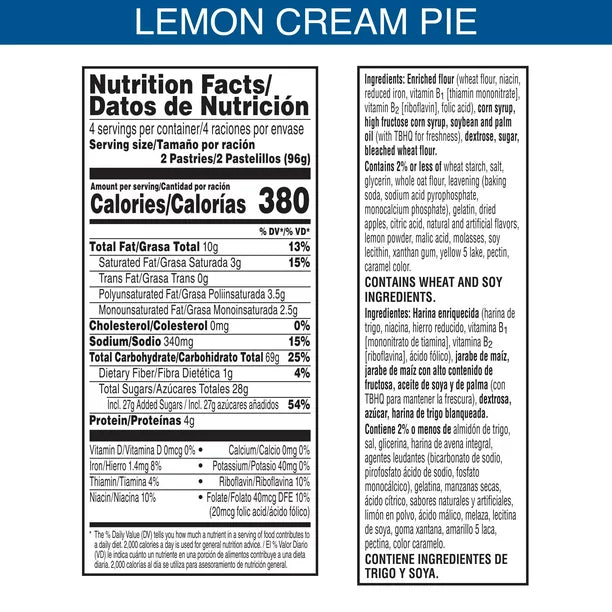 Pop-Tarts Toaster Pastries, Breakfast Foods, Frosted Lemon Creme Pie, Caja de 8, 13.5 Oz,