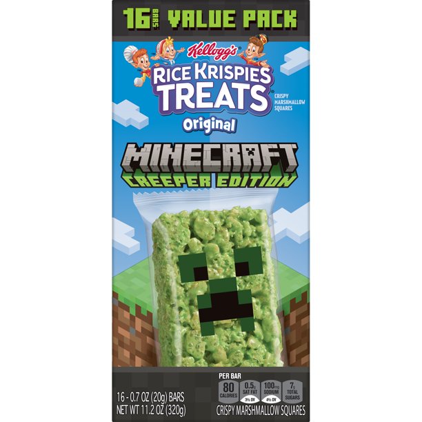 Kellogg's Rice Krispies Treats Minecraft Creeper Edition Marshmallow Snack Bars, Original, Caja con 16 paquetes, 11.2 Oz