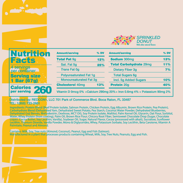 Redcon1 MRE Bar, Sprinkled Donut, 20g Protein, 2.36 Oz, Cont. 4