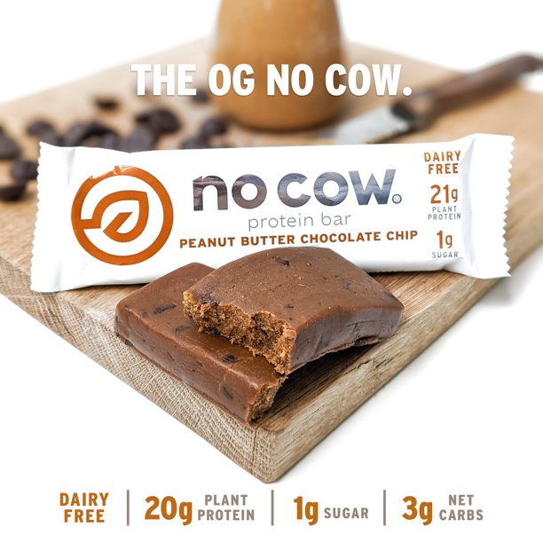 No Cow Vegan Protein Bars, Peanut Butter Chocolate Chip, Paquete de 4