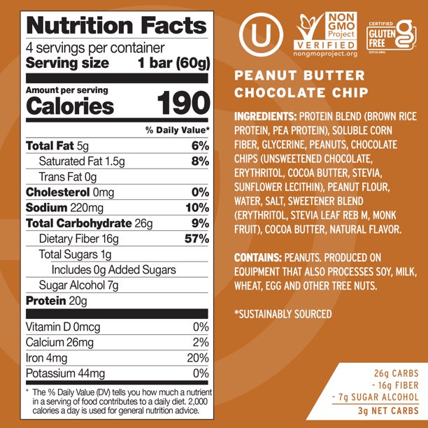 No Cow Vegan Protein Bars, Peanut Butter Chocolate Chip, Paquete de 4