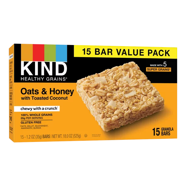 KIND Bars, Oats & Honey Healthy Grain Bars, Gluten free, 1.2 oz, 15 Snack Bars
