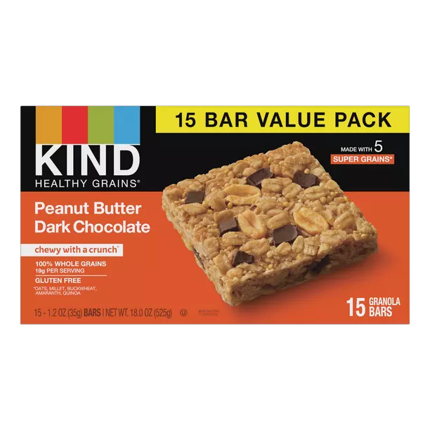 KIND Bars, Peanut Butter Dark Chocolate Healthy Grain Bar, Gluten free, 1. 2 oz, 15 Snack Bars