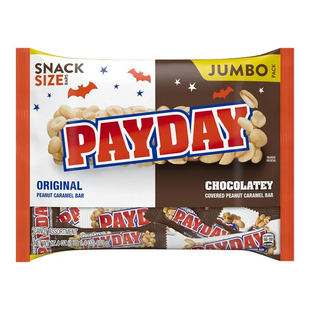 PAYDAY, Assorted Original and Chocolatey Peanut Caramel Snack Size Candy Bars, Halloween, 17.4 oz, Jumbo Pack