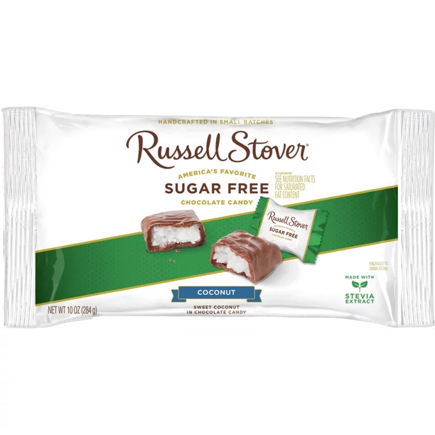 Russell Stover Sugar Free Coconut with Stevia – Sweet Coconut in Chocolate Candy, Bolsa de 10 oz.