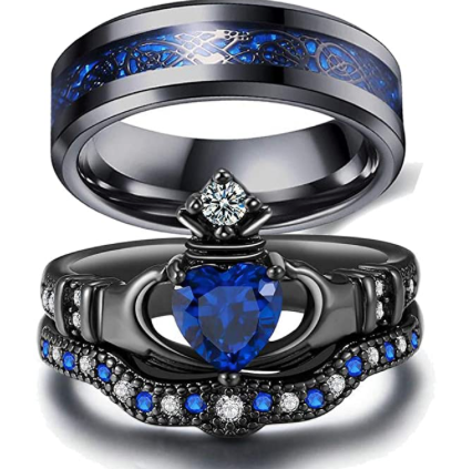 Set De Anillos Para Pareja Claddagh Negro y Azul