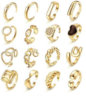 Set De Anillos Dorado 16 Piezas Dama Haiaiso