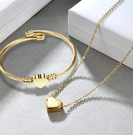 Set De Collar Y Brazalete Corazon Acero Inoxidable Dorado