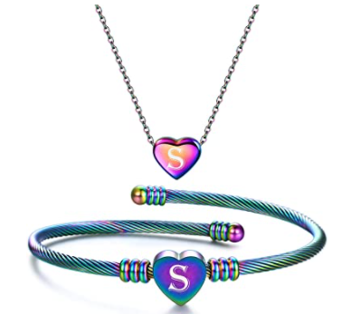 Set De Collar Y Brazalete Corazon Acero Inoxidable Arcoiris