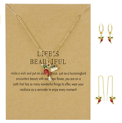 Collar Colibri Piedra Roja Set Con Aretes