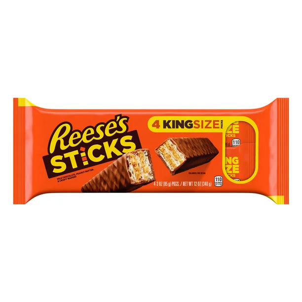 REESE'S, STICKS Milk Chocolate, Peanut Butter and Crisp Wafers Candy Bars, 4 Barras de 3 oz
