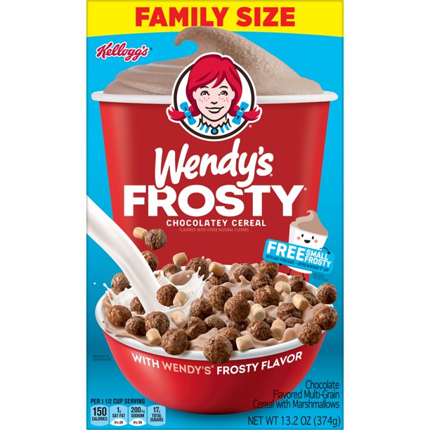 Kellogg's Wendy's Frosty Breakfast Cereal, Cereal de Fibra, Snak de Cereal para Niños, Family Size, Chocolate, 13.2oz Box