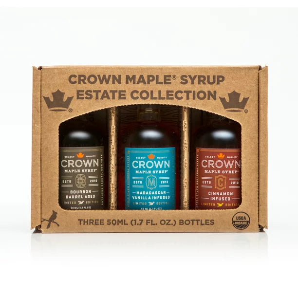 Crown Maple Syrup Bourbon Barrel Aged, Madagascar Vanilla Infused, and Cinnamon Infused Trio Collection
