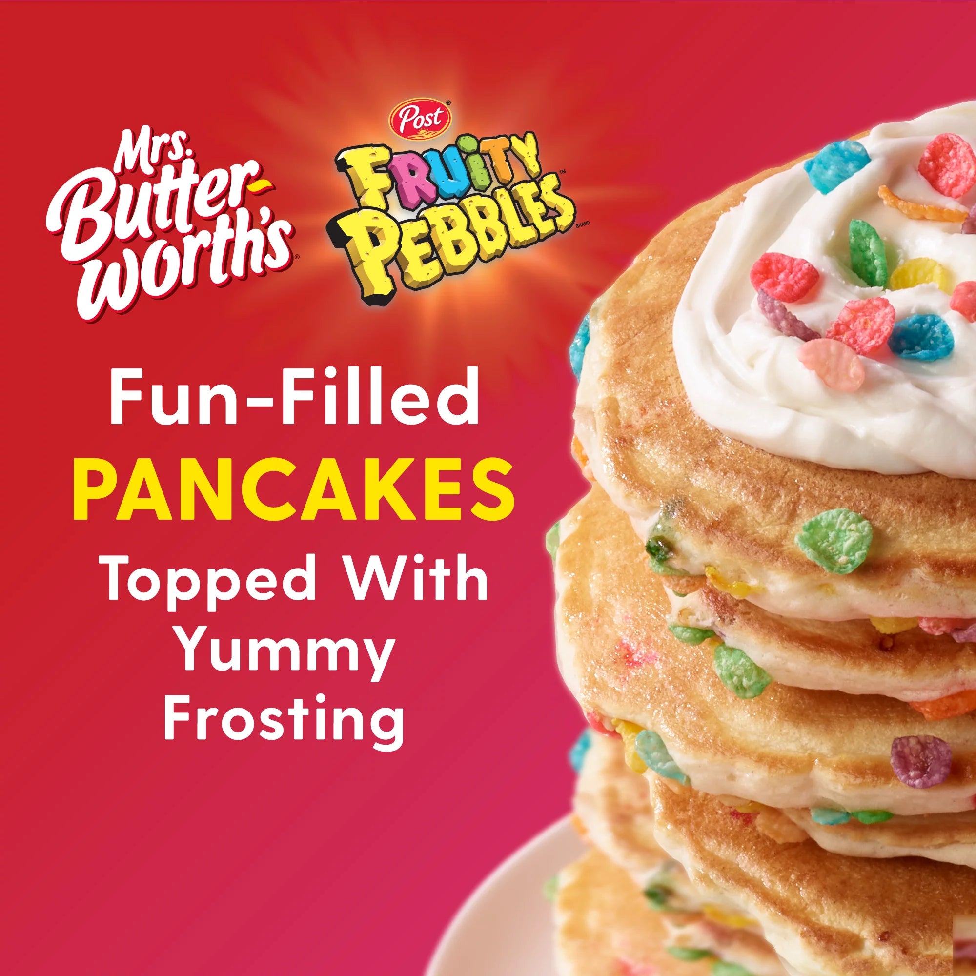 Mrs Butterworths Epic Fruity Pebble Pancake Mix, Caja de 16 oz
