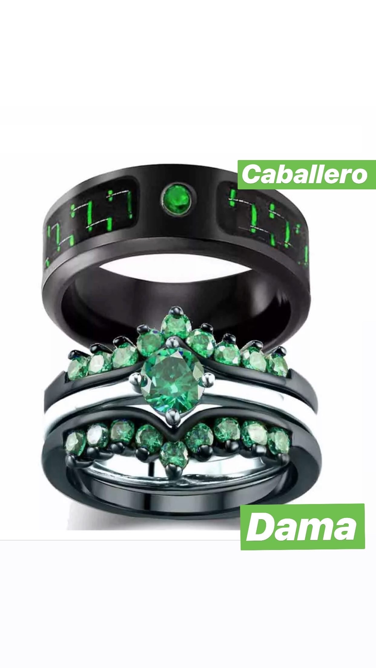Set De Anillos De Pareja Negro Verde