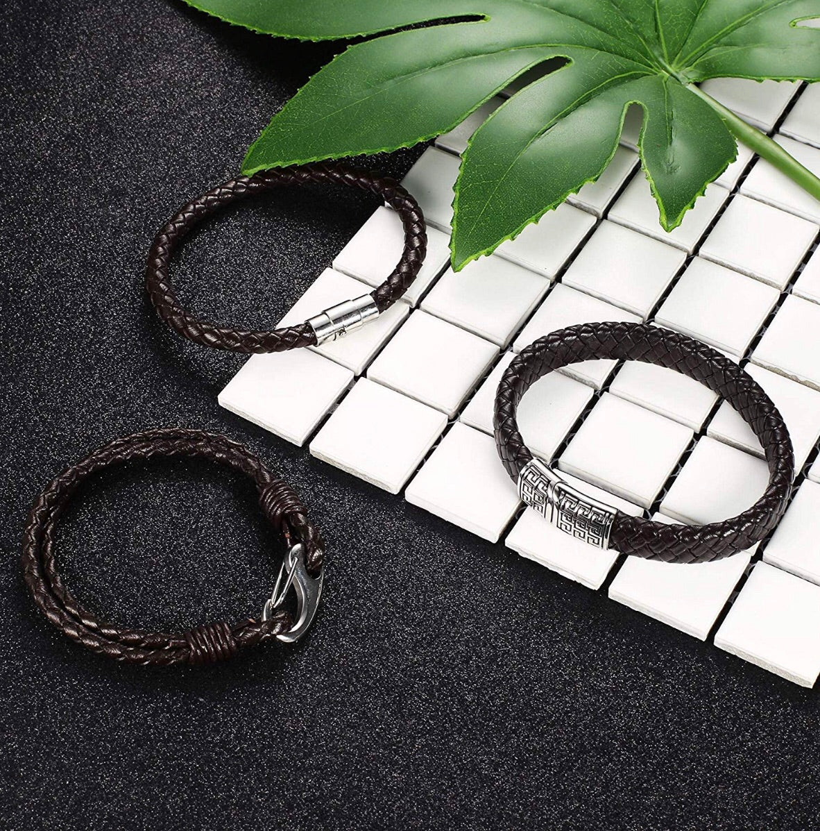 Set De 3 Piezas Brazaletes Caballero Brown Silver