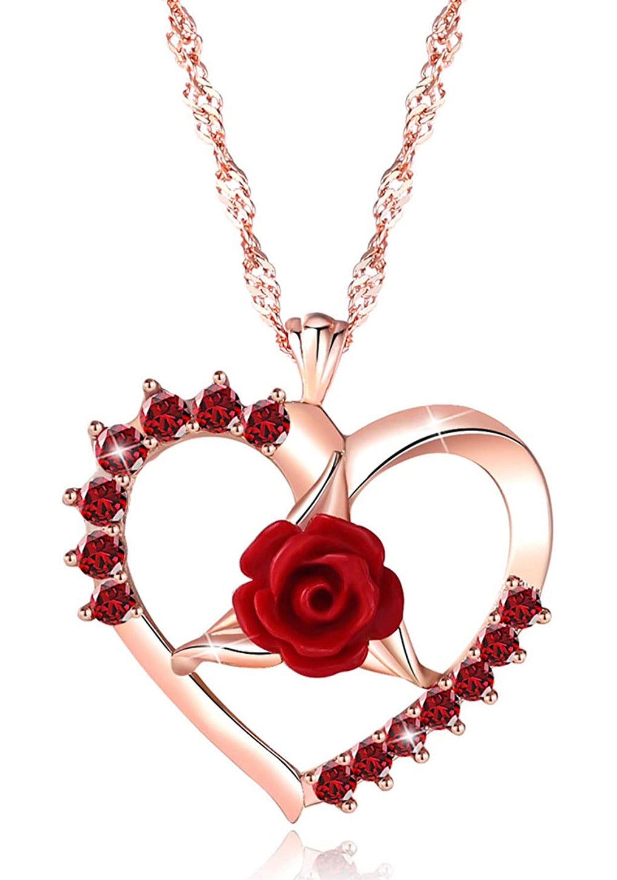 Collar Corazón Rosa Roja Zirconia Flor