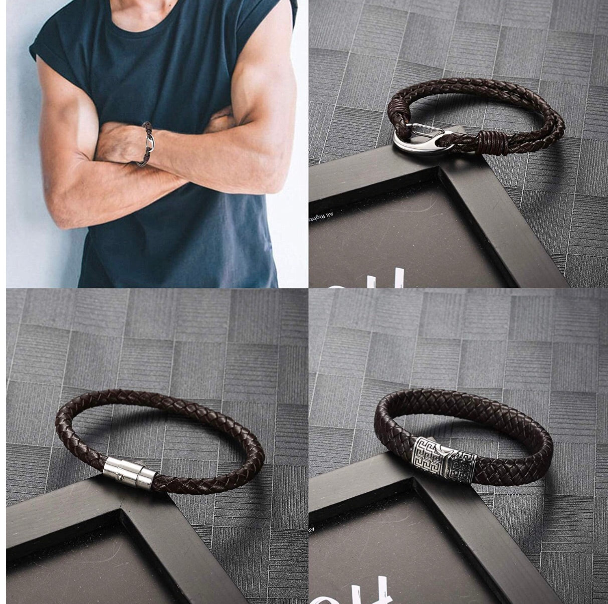 Set De 3 Piezas Brazaletes Caballero Brown Silver