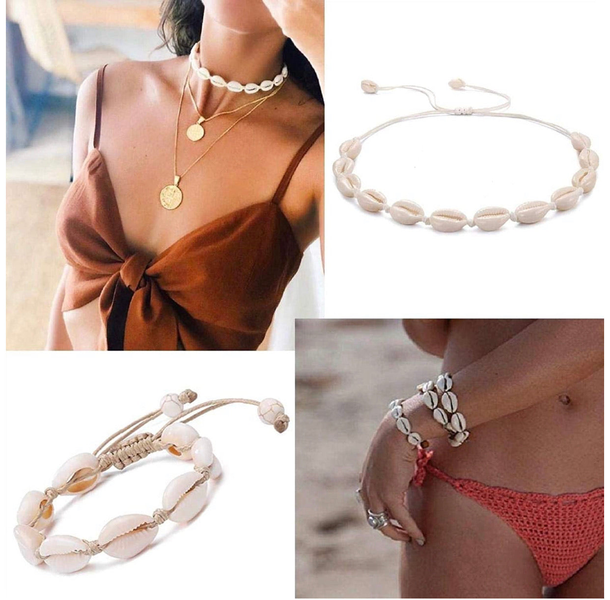 Set De Collar Concha De Mar Tobillera Aretes