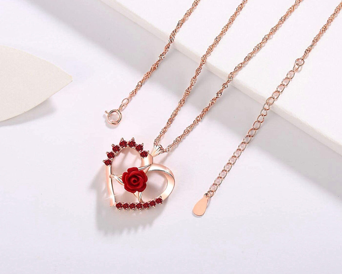 Collar Corazón Rosa Roja Zirconia Flor