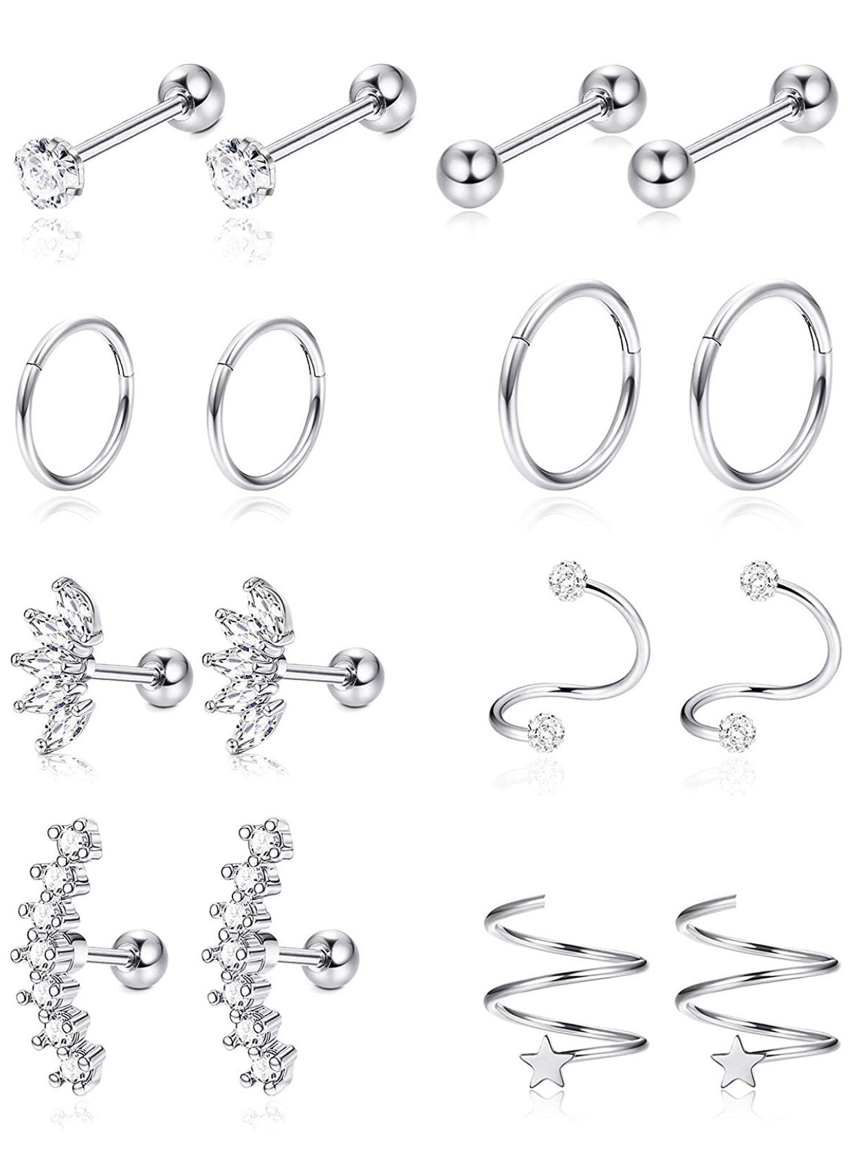Set De Aretes Perforación Helix 8 pares Plateado