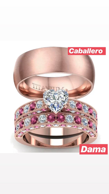 Set De Anillos Para Pareja RoseGold Piedra Rosada