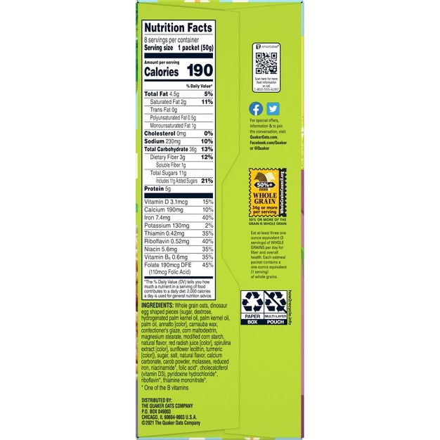 Quaker Instant Oatmeal Dinosaur Eggs Brown Sugar - 8ct