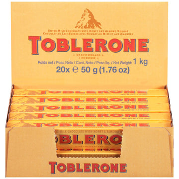 Toblerone Barras de Caramelo, Chocolate Suizo, Turrón de Miel y Almendra, 24 barras